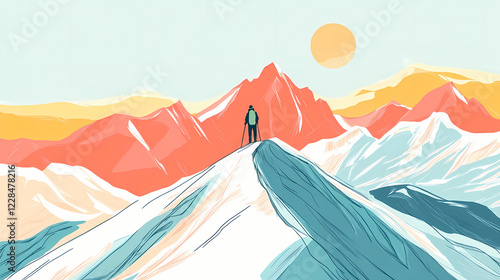 A continuous line painting of a mountain ridge landscape. simple linear illustration. adventure winter sports ski and hiking concept. doodle modern illustration. Winter Ridge. Illustration photo