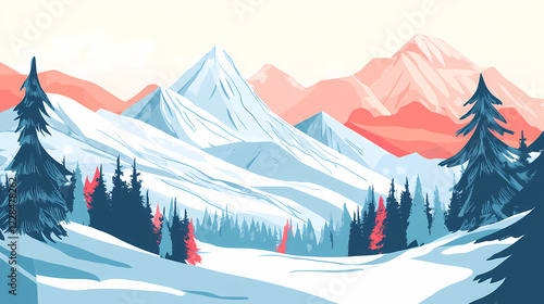 A continuous line painting of a mountain ridge landscape. simple linear illustration. adventure winter sports ski and hiking concept. doodle modern illustration. Winter Ridge. Illustration photo