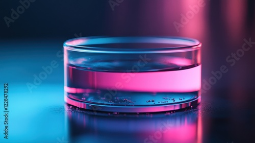 Neon Liquid in Glass Petri Dish, Vibrant Pink and Blue