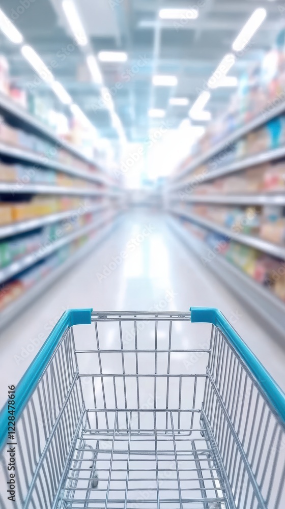 Empty Shopping Cart in Supermarket Aisle Empty Shopping Cart in Supermarket Aisle