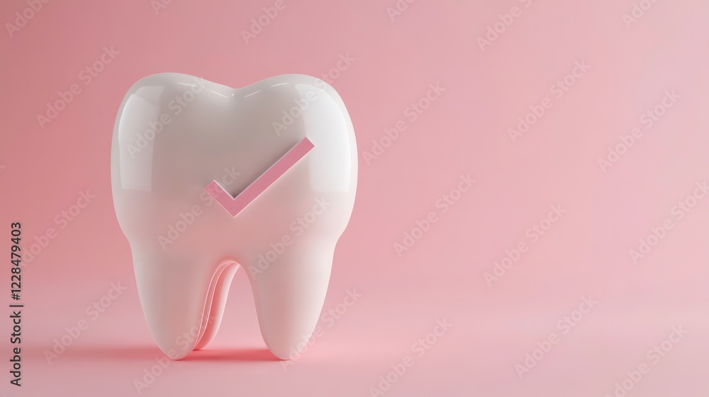 Stylized 3D tooth with a checkmark on a soft pink backdrop, promoting dental health awareness, encouraging oral hygiene education, and fostering positive attitudes toward dental care. Stylized 3D tooth with a checkmark on a soft pink backdrop, promoting dental health awareness, encouraging oral hygiene education, and fostering positive attitudes toward dental care.