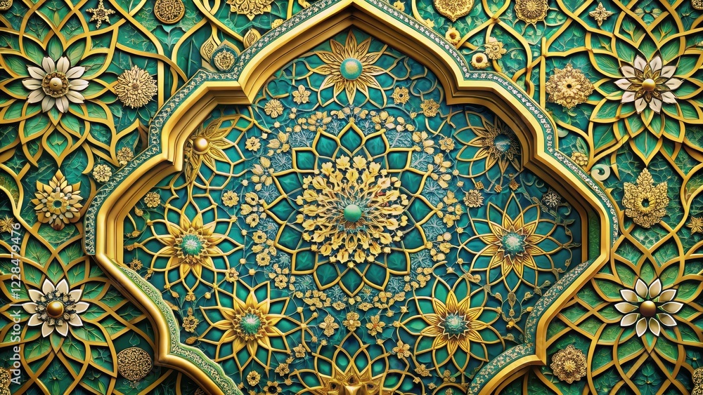Intricate geometric patterns in shades of gold, blue, and green adorn a majestic Islamic background with lush foliage and vibrant florals, Blue hues, Ornate details Intricate geometric patterns in shades of gold, blue, and green adorn a majestic Islamic background with lush foliage and vibrant florals, Blue hues, Ornate details