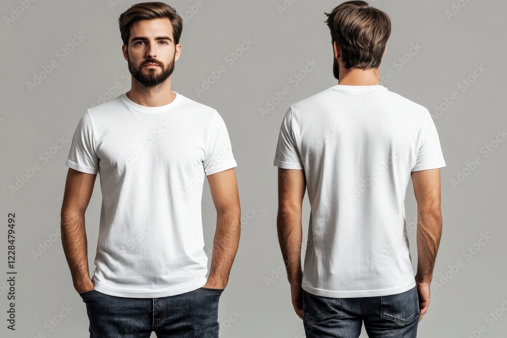 Man in white t-shirt, front and back view. Perfect for apparel, design, or fashion mockups. Man in white t-shirt, front and back view. Perfect for apparel, design, or fashion mockups.