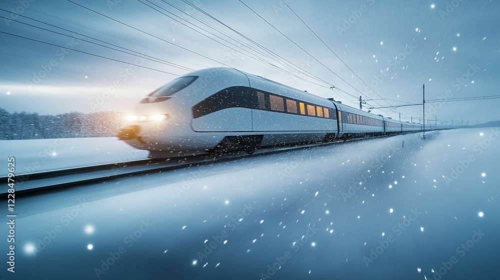 Naklejka premium A high-speed train crossing a snowy landscape, with snowflakes trailing behind the train in motion blur, soft daylight creating a wintery atmosphere