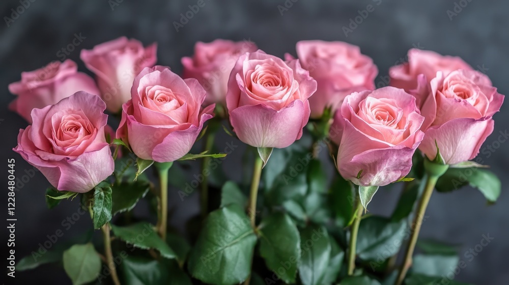 Obraz premium A bouquet of six delicate pink roses, lush green leaves. Perfect for Valentine's, Mother's Day, or romance themes.