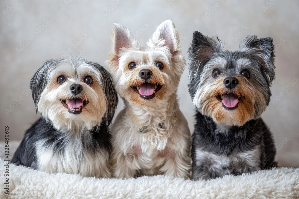 Three adorable small dogs smiling. Perfect for pet, animal, or veterinary websites. Three adorable small dogs smiling. Perfect for pet, animal, or veterinary websites.