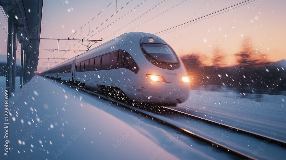 Naklejka premium A high-speed train crossing a snowy landscape, with snowflakes trailing behind the train in motion blur, soft daylight creating a wintery atmosphere