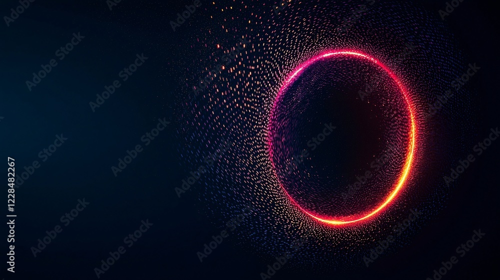 Glowing Circular Particle Field on Dark Background with Digital Edge Light and Particle Effect. Glowing Circular Particle Field on Dark Background with Digital Edge Light and Particle Effect.