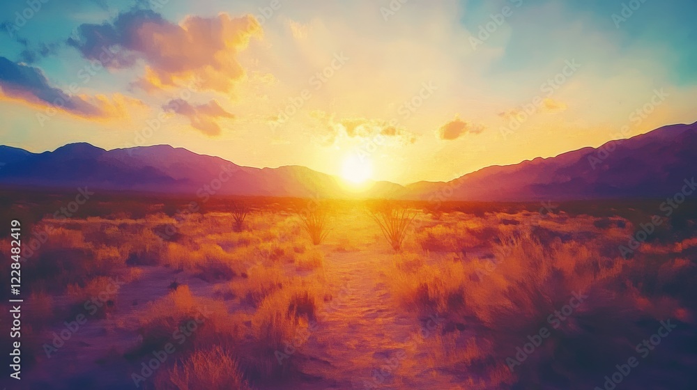 Vibrant sunset illuminating a desert landscape with mountains in the background Vibrant sunset illuminating a desert landscape with mountains in the background