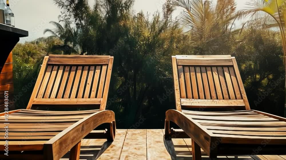 Sun loungers on a deck in tranquil surroundings. Sun loungers on a deck in tranquil surroundings.