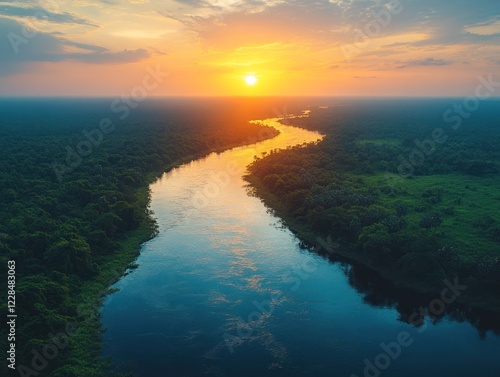 Wallpaper Mural Aerial view of a winding river at sunset flowing through a lush green forest landscape at dusk Torontodigital.ca