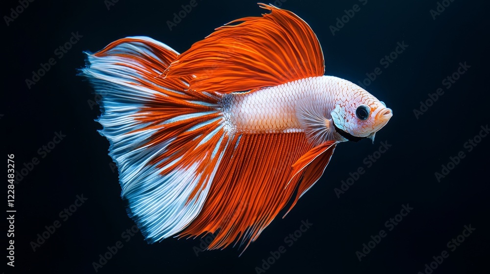 Fototapeta premium Close-up of an orange and white Siamese fighting fish gracefully swimming on a deep black background, perfect for elegant aquatic themes