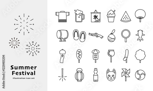 夏祭りのアイテムイラスト　セット　バリエーション　アイコン　線画　シンプル　ベクター　飾り　白黒
