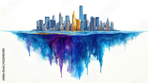 Stunning Vector Artwork of Metropolis Skyline Above and Below Water with Vibrant Reflections Illustrating Urban Landscape and Artistic Imagination