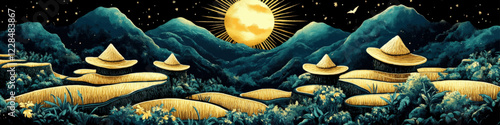 Enchanting Vector Art of Terraced Hills with Straw Hats under a Radiant Sun in a Starry Night Mountainous Landscape with Vibrant Foliage and Wildlife