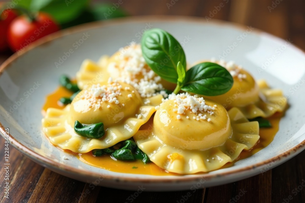 Fresh spinach-filled ravioli with ricotta cheese on a plate , italy, tomato sauce Fresh spinach-filled ravioli with ricotta cheese on a plate , italy, tomato sauce