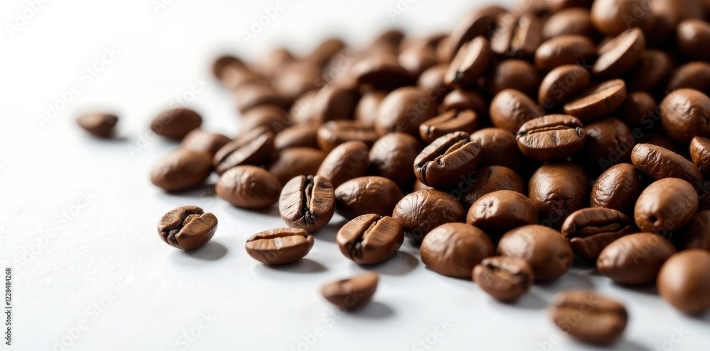 Naklejka premium Freshly roasted coffee beans on a white surface , coffee, cup