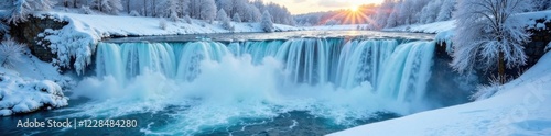 Frozen waterfall under snowfall, frozen, snowfall