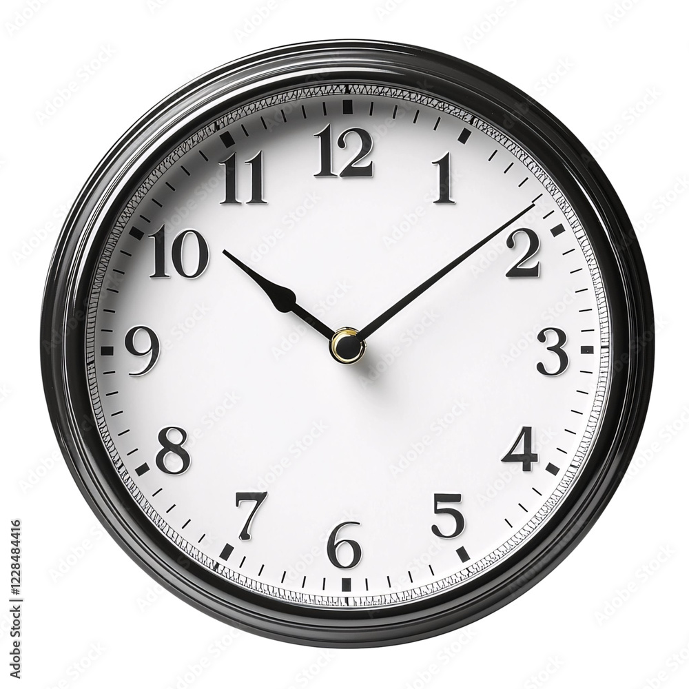 A round wall clock displaying the time with black hands and a white face. A round wall clock displaying the time with black hands and a white face.