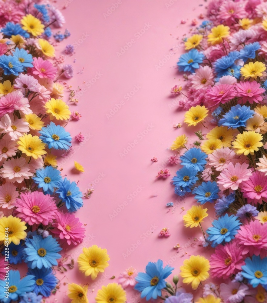 Fuzzy pink blue yellow background gradient with scattered flowers, flowers, floral, nature