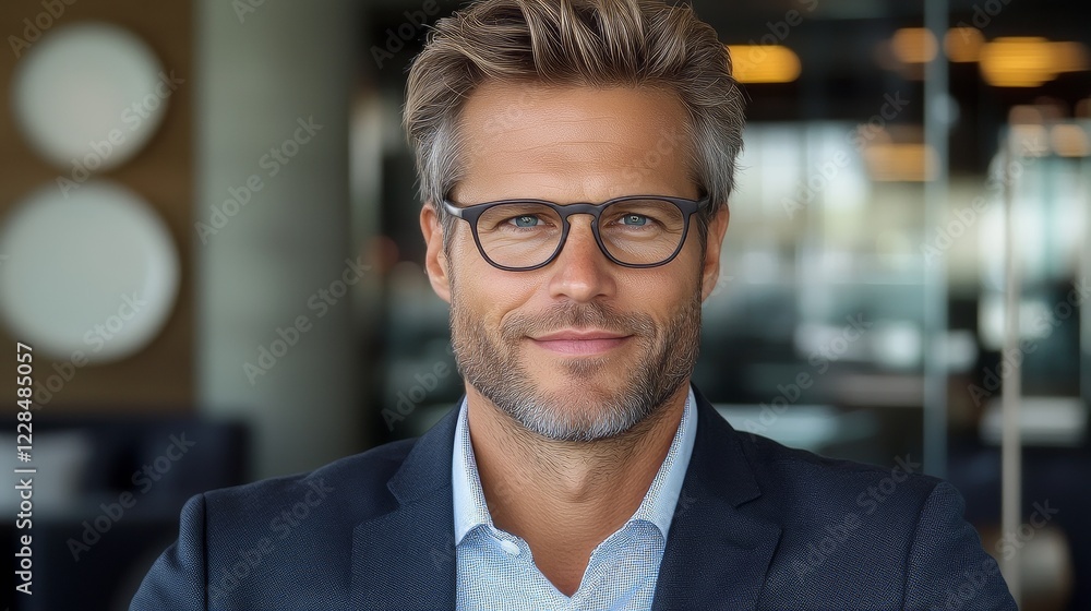 A Man in a Suit Jacket with Glasses Showing a Happy Smile at a Modern Business Technology Office Environment A Man in a Suit Jacket with Glasses Showing a Happy Smile at a Modern Business Technology Office Environment