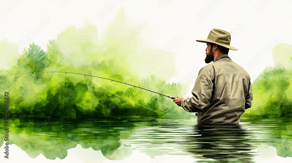 A tranquil scene of a man fly fishing in a calm river surrounded by lush greenery, enjoying a peaceful moment in nature A tranquil scene of a man fly fishing in a calm river surrounded by lush greenery, enjoying a peaceful moment in nature