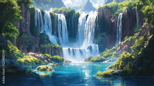 Majestic waterfall cascading into tranquil pool, lush jungle backdrop, nature serenity, travel poster