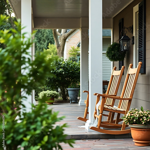 Peaceful Porch: Wooden Rocking Chairs on a Rustic House Porch, Surrounded by Lush Greenery photo