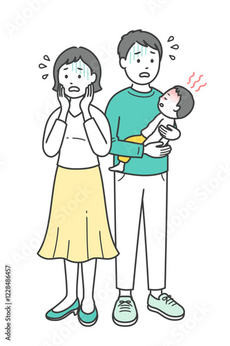 急な発熱をした子供を抱いて焦る若い父親と母親