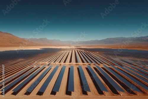 Aerial view of modern solar farm with rows of solar panels in desert landscape