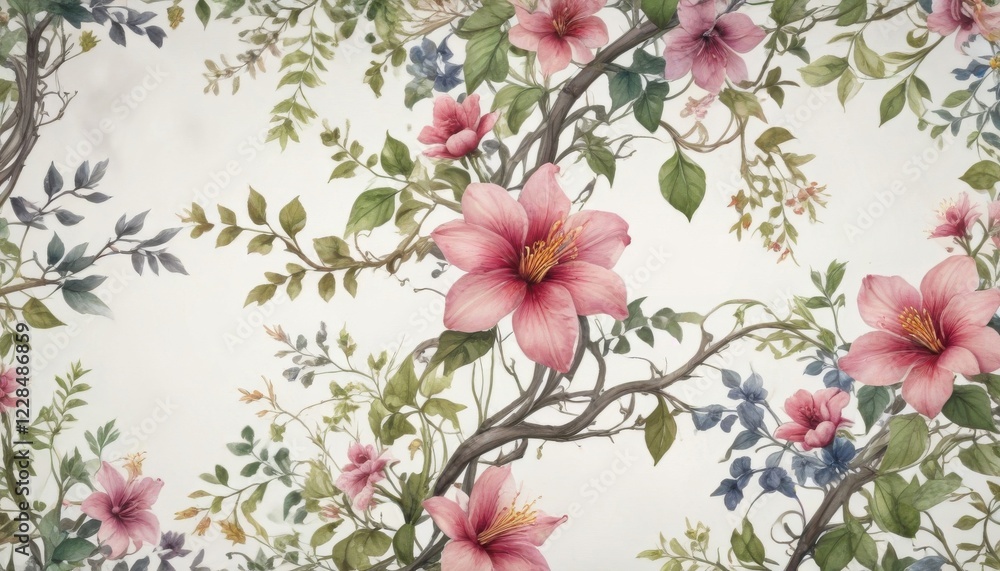 Intricate watercolor design of intertwined vines and flowers , elegant, watercolor Intricate watercolor design of intertwined vines and flowers , elegant, watercolor