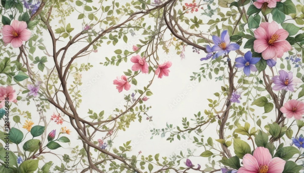 Intricate watercolor design of intertwined vines and flowers , botanical, vine, classic Intricate watercolor design of intertwined vines and flowers , botanical, vine, classic