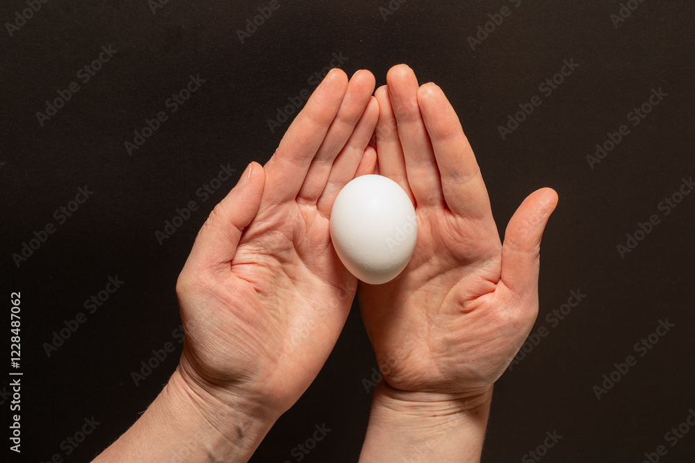 Two human hands holding white egg against a black background representing the concept of care and protection of life. Two human hands holding white egg against a black background representing the concept of care and protection of life.