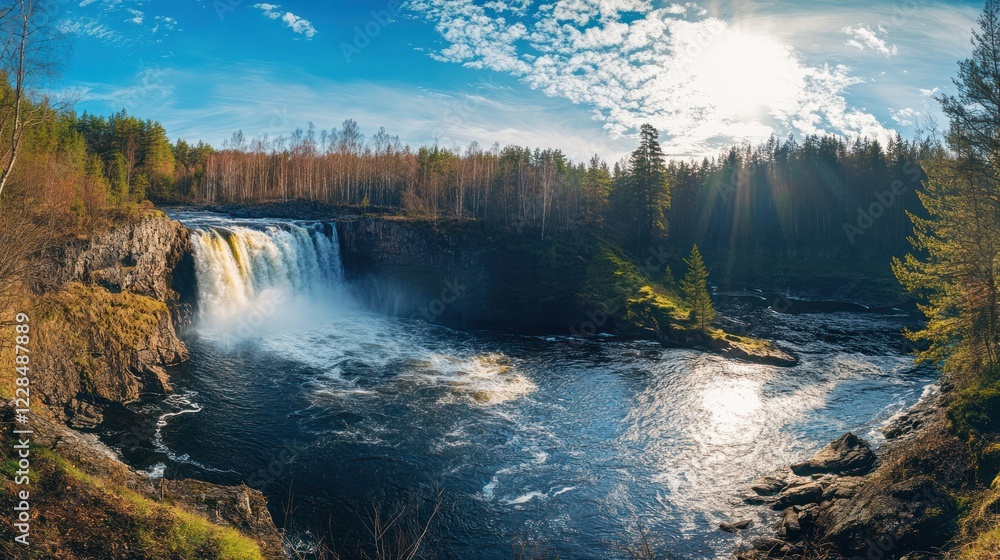 Majestic waterfall cascading through forest, sunny day, nature backdrop, travel photography Majestic waterfall cascading through forest, sunny day, nature backdrop, travel photography