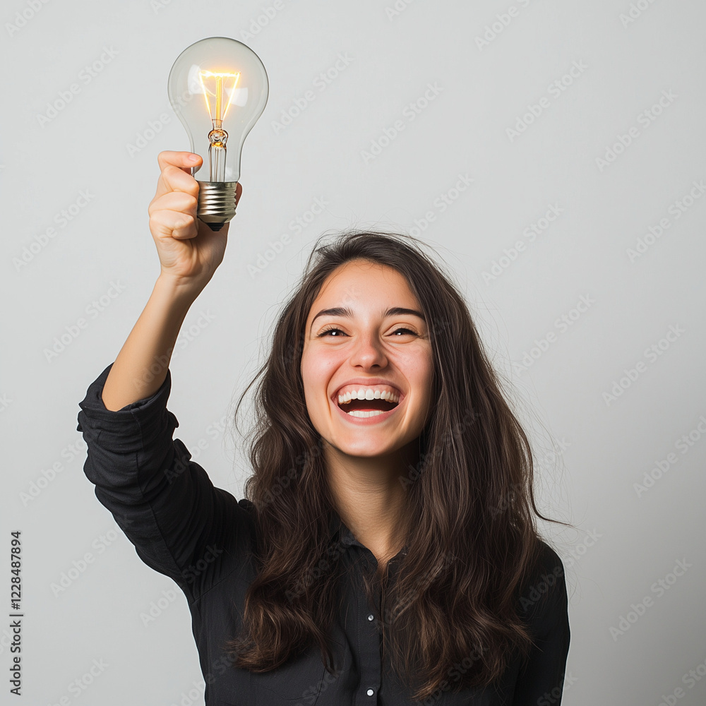 Woman celebrating over a lightbulb, hand underneath, white background - Woman celebrating over a lightbulb, hand underneath, white background -