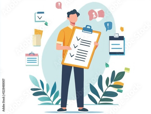 Event Coordinator - Event coordinator managing logistics for an event, holding a clipboard and coordinating details, on a White Background.