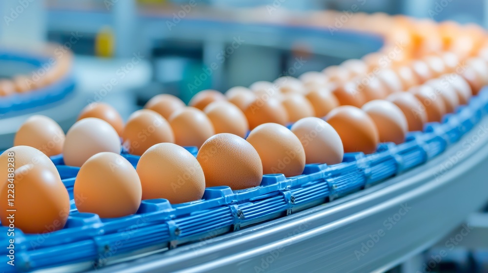Fototapeta premium eggs in motion on conveyor belt, modern egg production line, clean and efficient setup, isolated on white background