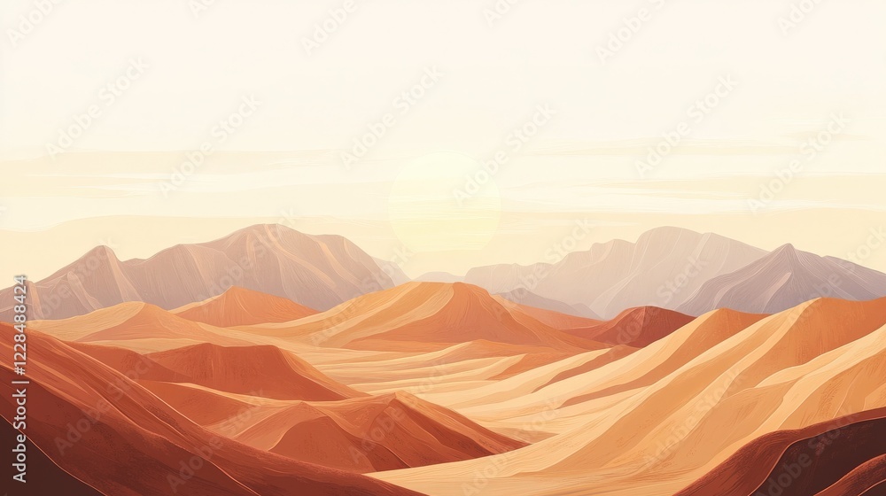 Naklejka premium Serene desert landscape at sunset with gentle hills and distant mountains under a warm sky