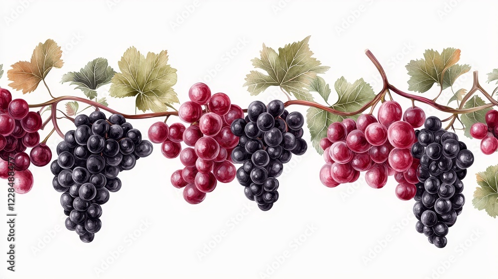 elegant grape banner, mix of black, green, and red grapes, digital art with soft shading, isolated on white background elegant grape banner, mix of black, green, and red grapes, digital art with soft shading, isolated on white background