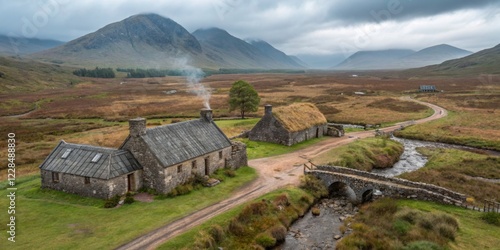 Historic stone cottages and a quaint bridge surrounded by scenic mountains in a tranquil valley at dawn photo