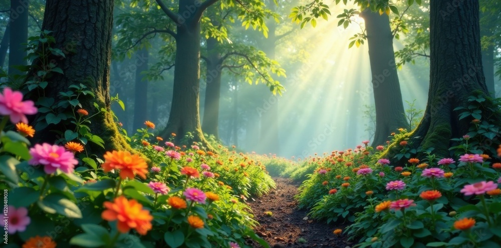 Fototapeta premium Misty forest with blooming flowers, natural, forest