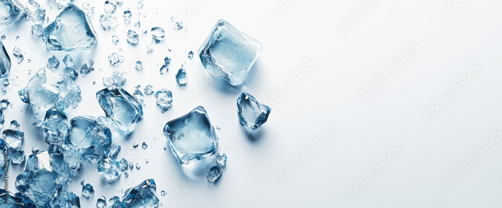 Scattered ice cubes on white background, cool refreshment, advertising Scattered ice cubes on white background, cool refreshment, advertising