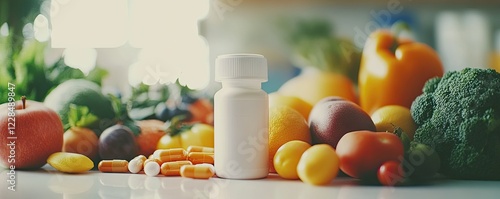 A close-up of a deworming medication bottle with a label, surrounded by fresh fruits and vegetables, symbolizing a healthy approach to wellness.  photo