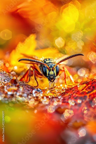 A close-up of a wasp drinking water. AI.