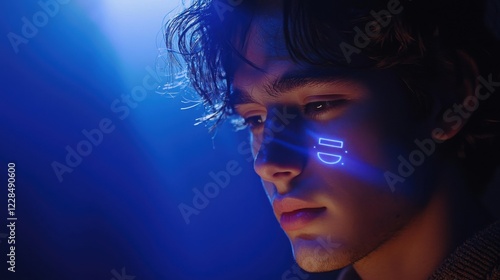 Young man with glowing face illuminated by blue neon light in a futuristic setting