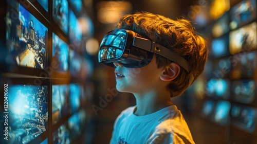 Boy wearing virtual reality headset engaged in immersive experience at home