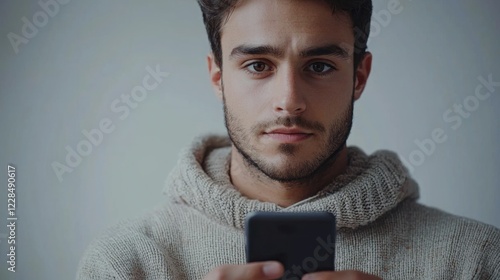 Young man with beard wearing sweater using smartphone in close up view indoors