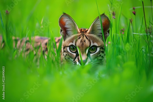 Focused Wild Cat in Lush Green Grass with Striking Eyes, Capturing the Essence of Nature and Wildlife in a Serene Natural Setting photo