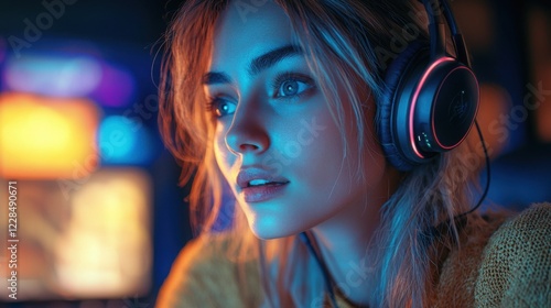 Young woman wearing headphones focused on gaming while seated in a modern gaming chair in a well-lit room