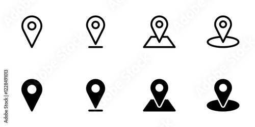 Location pin icon set, flat style line and glyph vector illustrations